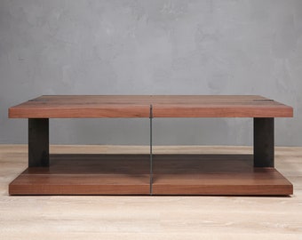 2-Level Rectangular Walnut Coffee Table With Metal Legs