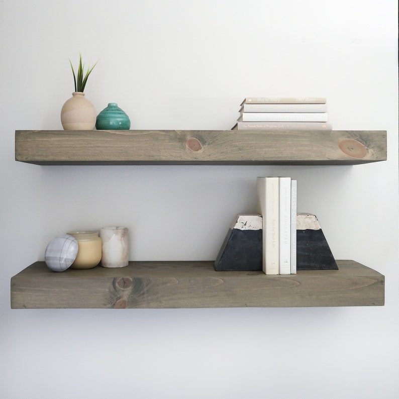 Modern floating shelves in aged barrel color