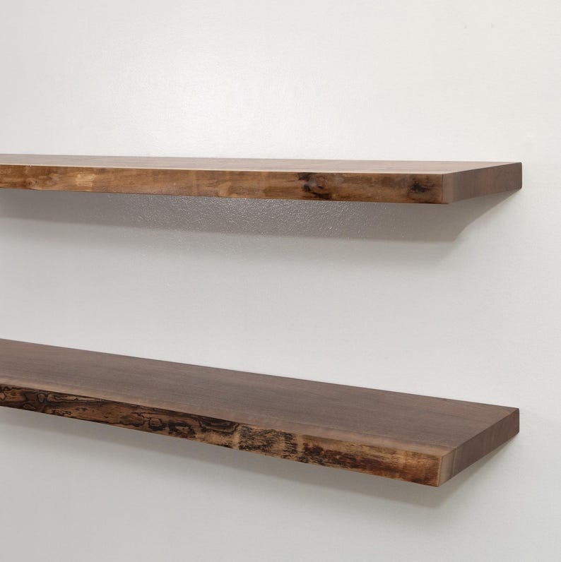 Walnut Live Edge Floating Shelves on a Gray Wall