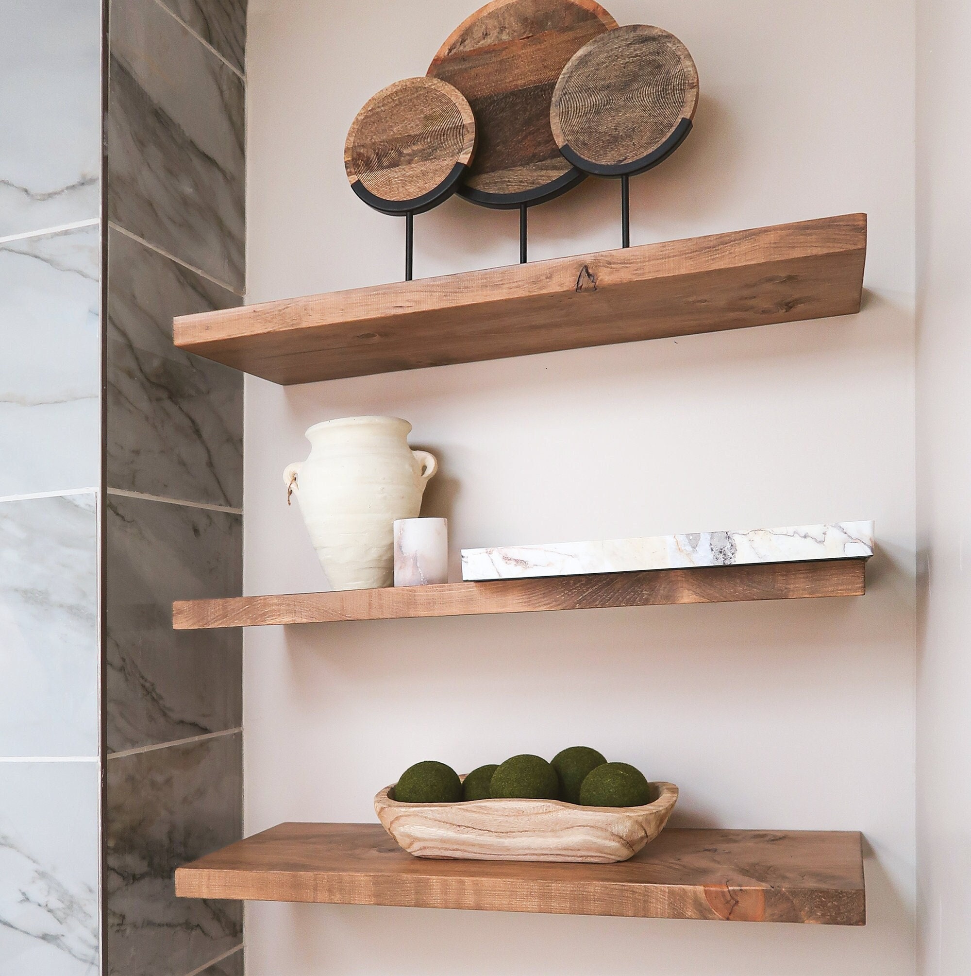 Floating Shelves Wall Mounted 17-Inch - Thick Handmade Set of Dark Brown  Wooden Shelf, Natural Rustic Farmhouse Acacia Hard Wood, Solid Shelving for