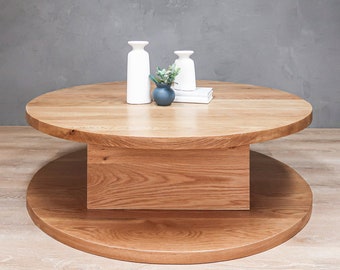 2-Level Round White Oak Coffee Table With Square Base