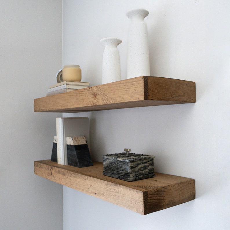 Modern floating shelves in aged oak color