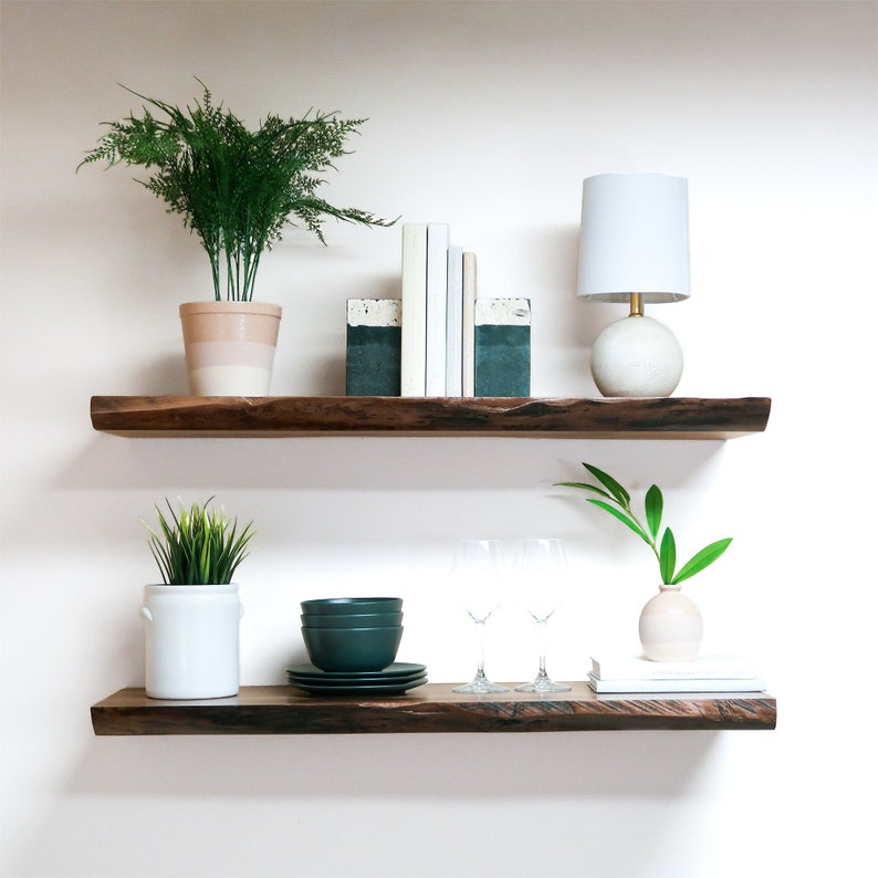 live edge walnut floating shelf, book shelves