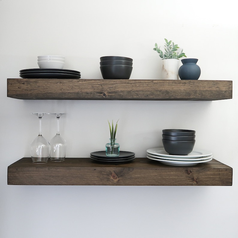 Modern floating shelves in jacobean color