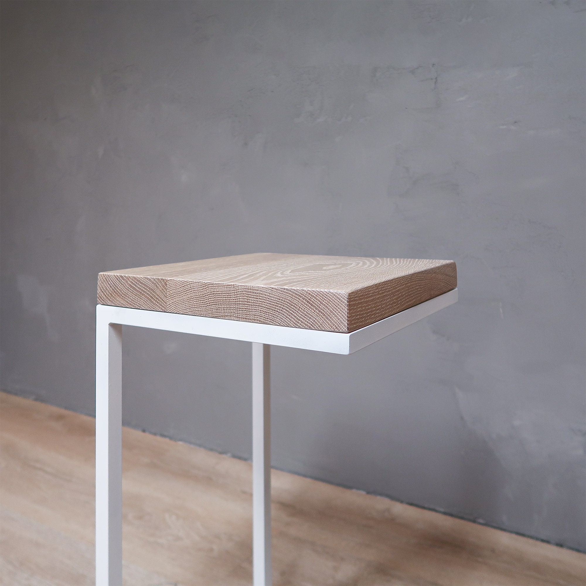 White Oak Wood Side Table C-Shape With Metal Base, End Table