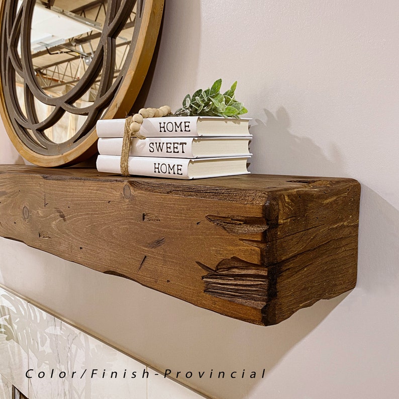 Distressed fireplace mantel in provincial color