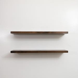 Two Wooden Jacobean Floating Shelves on a Wall. Heavy duty shelves with floating bracket included.