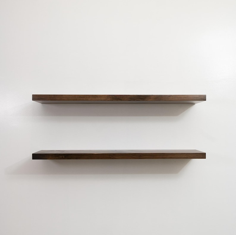 Two Wooden Jacobean Floating Shelves on a Wall. Heavy duty shelves with floating bracket included.