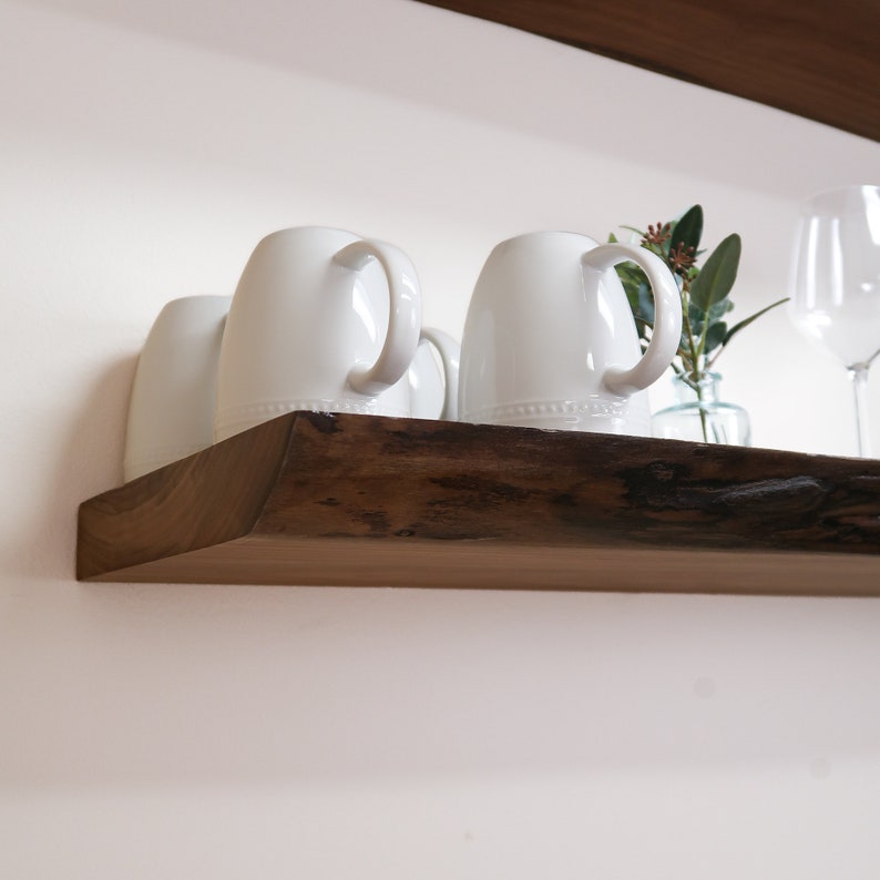 live edge walnut shelf, kitchen shelves