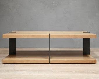 2-Level Rectangular White Oak Coffee Table With Metal Legs