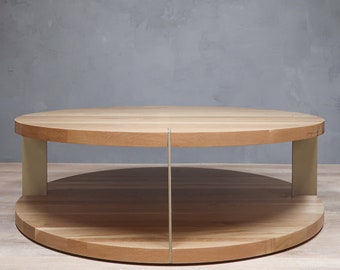 2-Level Round White Oak Coffee Table With Metal Accent