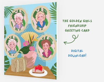 Tarjeta de felicitación de cumpleaños con temática de amistad y descarga digital de Golden Girls