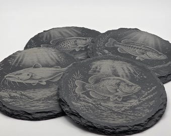 Fishing Slate Coaster Set | Engraved Fish Coasters | Fisherman Gift | Lake House Decor | Cabin Decor | Outdoor Gift
