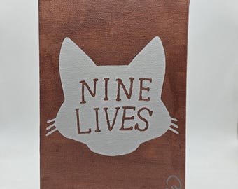Nine Lives Cat Painting | Original Acrylic Artwork | Cat Lover Gift | Pink Wall Decor | 5x7 Canvas Panel