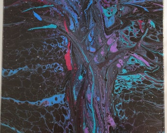 Night Tree: Acrylic pour painting, modern abstract wall art, original on 12 x 16 canvas