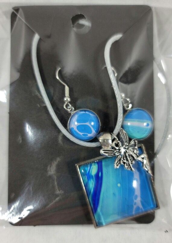 Blue Fairy Square Set: Handmade Jewelry, Glass Pendant Paint