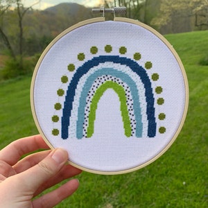 Decorative Blue/Green Rainbow Cross Stitch - FINISHED