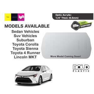 Puede incluir: Un sedán Toyota Corolla blanco con una parrilla y faros negros. El coche está sobre un fondo blanco. La imagen también muestra una lista de modelos disponibles para el reemplazo del espejo retrovisor del coche, incluyendo sedán, SUV, suburbano, Toyota Corolla, Toyota Sienna, Toyota 4 Runner y Lincoln MKT. El espejo está hecho de acrílico Optix de 6,5 mm de grosor. El texto "Más modelos próximamente!" también es visible. La imagen también incluye el texto "BOLD PLASTIC" en un logotipo blanco y negro.