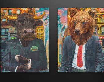 Bull and Bear Canvas Art Set, Wall Street Decor