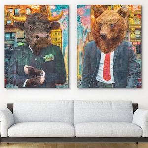 2 Piece Bull & Bear Collection | Business Artwork | Large Framed Wall Art Canvas | Gallery Set of Two for Home or Office