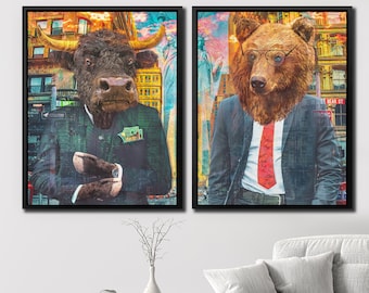 Stock Market Luxury Wall Art for Home Office - Bull and Bear Modern Trader Collection