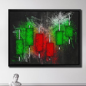 May include: Abstract art print featuring a black background with white and green brushstrokes. The print depicts a series of green and red candlestick charts, a common financial trading tool.