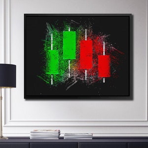 May include: Abstract art print featuring a black background with green and red candlestick charts. The charts are stylized with a pixelated effect and white lines.