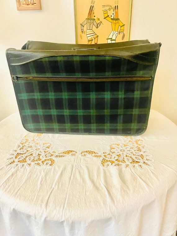 Vintage 60s Black Watch Plaid Fold Out Garment Bag