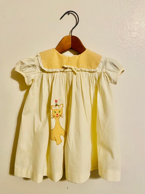 Yellow Vintage baby girl kitty cat dress by Nannet