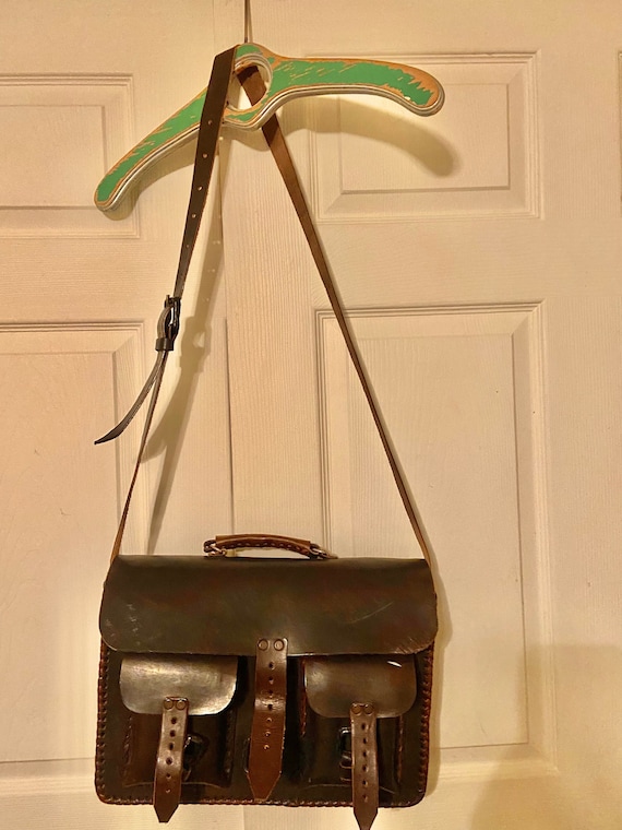 Vintage Brown Leather Hand Tooled Messenger Bag