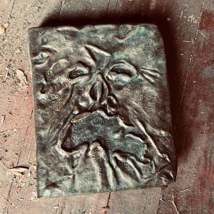 Puede incluir: Un libro oscuro y desgastado con una cara grotesca en relieve en la portada. La superficie del libro tiene una apariencia texturizada y envejecida, con sombras profundas y una estética desgastada. La portada presenta un diseño facial detallado e inquietante, lo que sugiere un tema de terror.