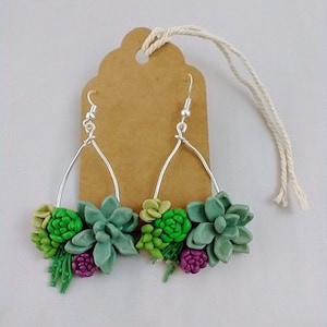 Green Succulent Drop Earrings w/hypoallergenic Posts, Plant, Nature Earrings, Handmade, Polymer Clay