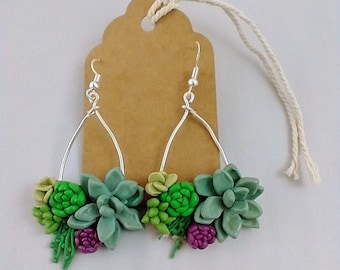Green Succulent Drop Earrings w/hypoallergenic Posts, Plant, Nature Earrings, Handmade, Polymer Clay