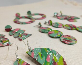 Pink, Green, Silver Marbled Polymer Clay Statement Earrings, Hypoallergenic, Nickel-free, Sculpey Clay