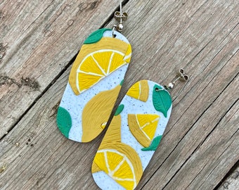 Lemon Statement Clay Earrings w/ Hypoallergenic Free Hooks, Food Jewelry, Fruit Slice, Handmade Earrings, Polymer Clay