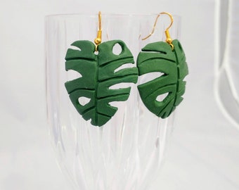 Monstera Leaf  Earrings w/hypoallergenic Posts, Plant, Nature Earrings, Handmade, Polymer Clay