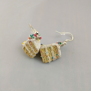 Birthday Cake Slice Drop Earrings w/hypoallergenic hooks, Food Jewelry, Handmade Earrings, Polymer Clay