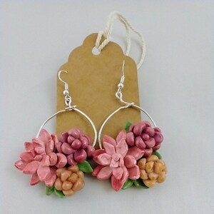 Pink Succulent Drop Earrings w/hypoallergenic Posts, Plant, Nature Earrings, Handmade, Polymer Clay