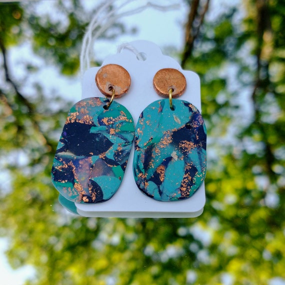 Turquoise Purple Black and Copper Marbled Polymer Clay Statement