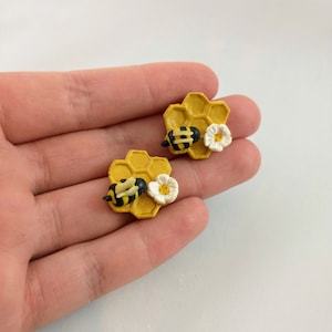 Honeycomb and Bee with Flower Stud/Drop Earrings w/hypoallergenic Posts, Cute Earrings, Handmade, Polymer Clay