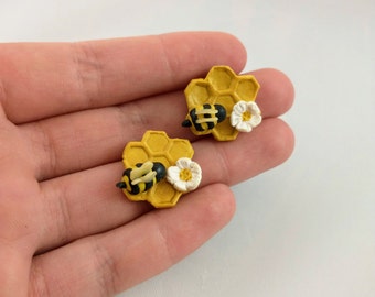 Honeycomb and Bee with Flower Stud/Drop Earrings w/hypoallergenic Posts, Cute Earrings, Handmade, Polymer Clay