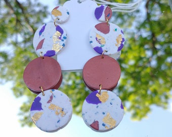 White, Purple, and Gold Faux Terrazzo Polymer Clay Statement Earrings, Hypoallergenic, Nickel-free, Sculpey Clay