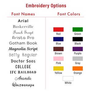 Puede incluir: Una imagen titulada "Opciones de bordado" muestra nombres y colores de fuentes. Los nombres de las fuentes incluyen Arial, Baskerville y Magnolia Script. Los colores son rojo, azul, marr&oacute;n, rosa, amarillo, verde, negro, morado, gris, naranja y blanco.