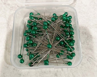 Green Pearl Head Straight Pins for Quilting, Sewing & Crafts, 100 Pins, 1 1/2" in Re-usable Box