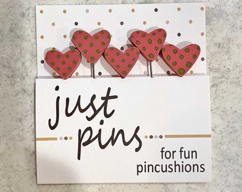 Quilting Straight Pins, Pink Polka Dot Heart Assortment, 5 Piece Pin Set, 2" Pins