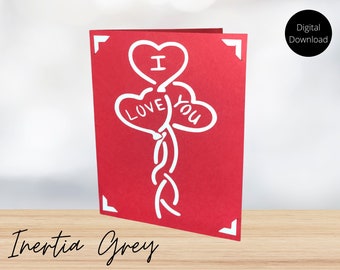 Te amo insertar tarjeta de San Valentín Aniversario Globos de corazón SVG- Cricut Silhouette Joy Digital Cut File