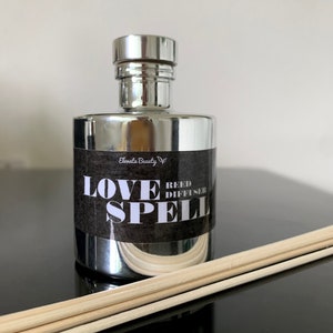 May include: A silver bottle with a black label that reads "Love Spell Reed Diffuser" and a small white logo that says "Elevate Beauty". The bottle is sitting on a black surface with wooden sticks in front of it.