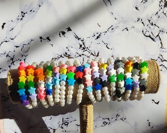 LGBTQIA+ Faux Pearl Star Pride Flag Bracelets | Beaded Kandi Pride Bracelet | Cute y2k Pride Jewelry