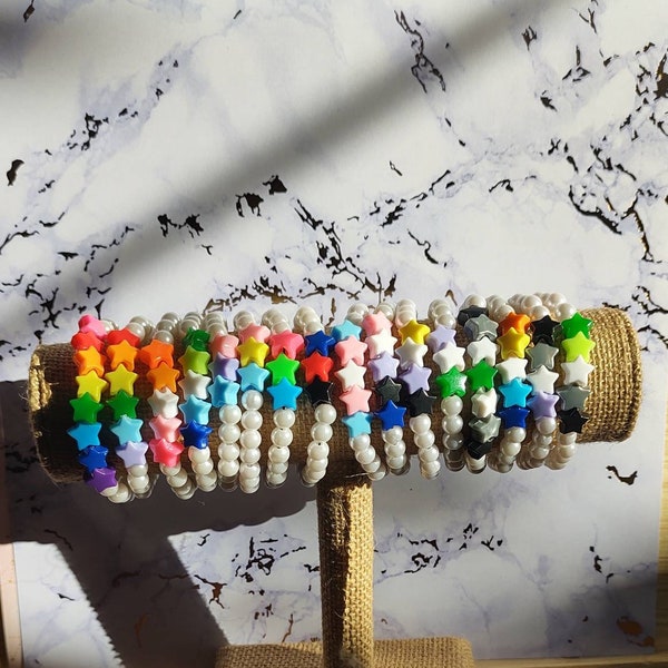 LGBTQIA+ Faux Pearl Star Pride Flag Bracelets | Beaded Kandi Pride Bracelet | Cute y2k Pride Jewelry