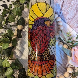 30 oz skinny Rising Phoenix. Stained glass window style  stainless steel double insulated epoxy tumbler with lid and straw